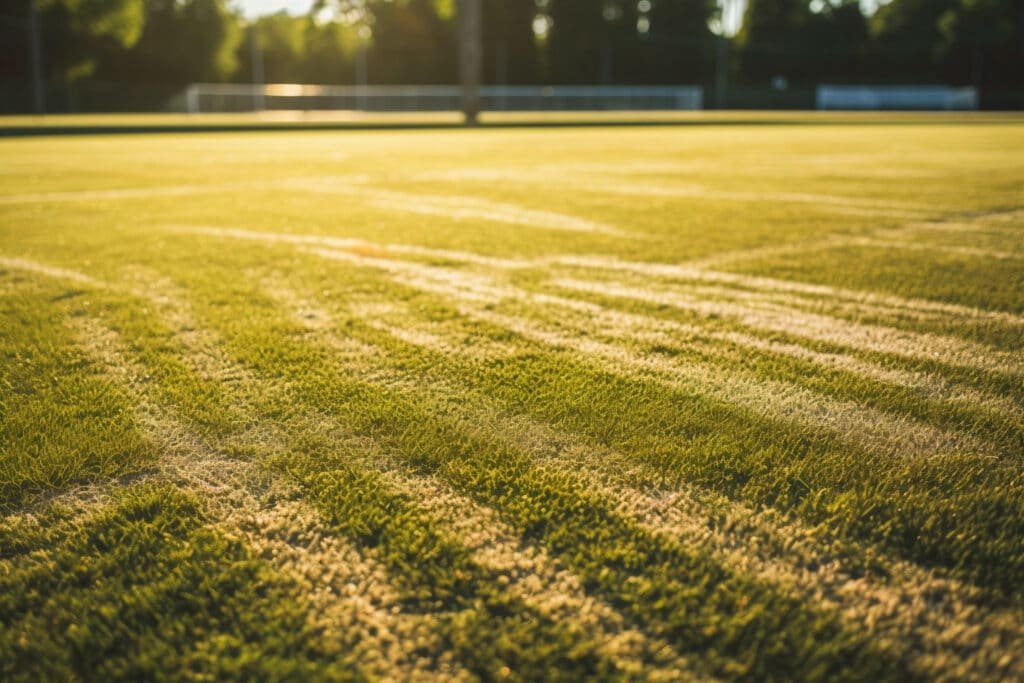 Terrain de football ensoleillé avec une herbe bien entretenue.